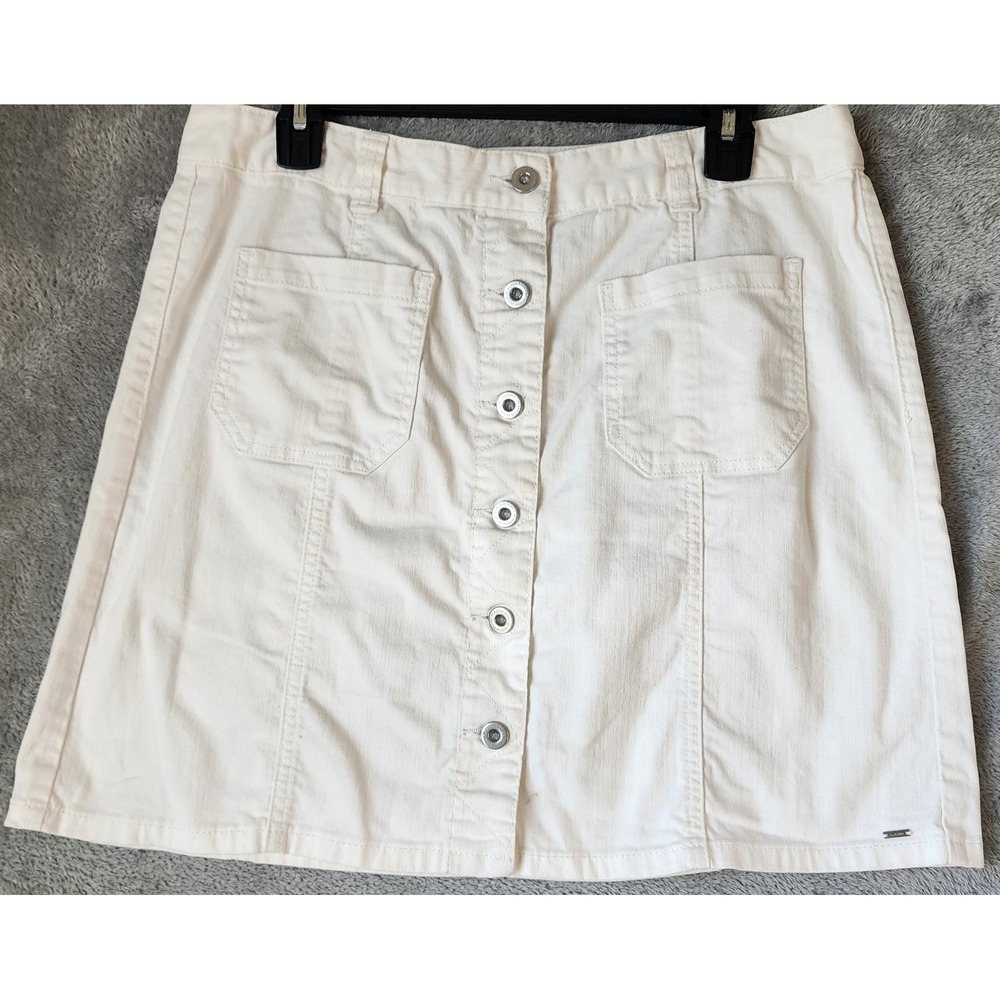 Tommy Hilfiger Denim Skirt Womens Size 10 White Jean Button Pockets Mini Preppy